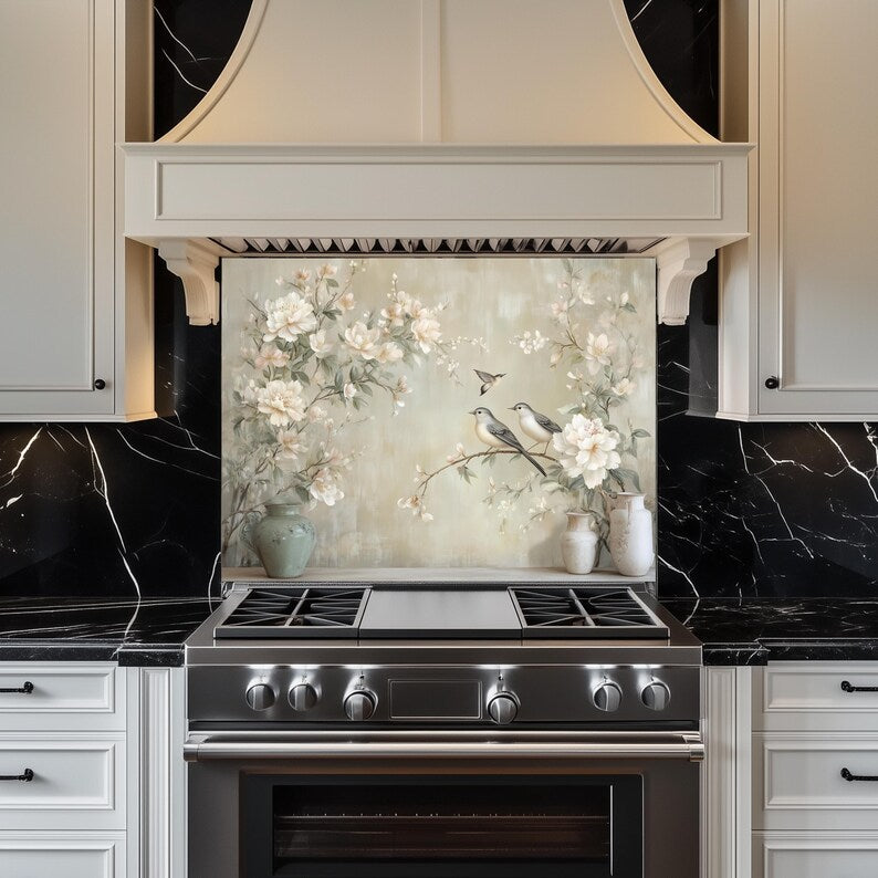 Neutrale Blumenvögel Glas Backsplash, hitzebeständige Küchenwandplatte