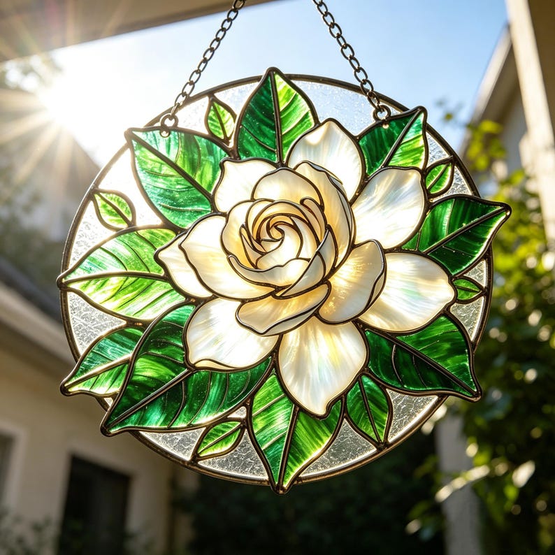 Gartenia Glasmalerei Suncatcher Fensterbild Irisierend Blumen Cottagecore Deko