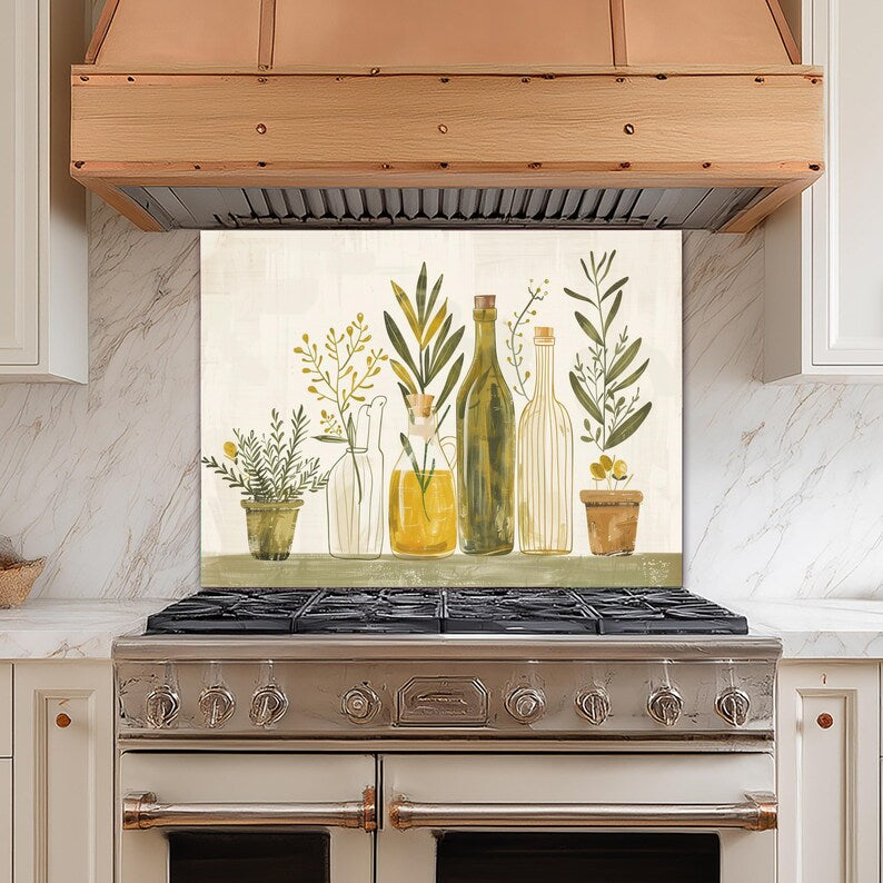 Olivenöl Kräuterglas Backsplash, Bauernhaus Küchenherd Splashback Wandkunst