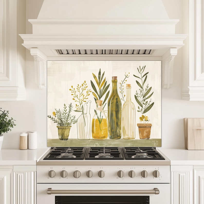 Olivenöl Kräuterglas Backsplash, Bauernhaus Küchenherd Splashback Wandkunst
