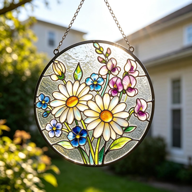 Handgemachter Gänseblümchen Glasmalerei Suncatcher, irisierender Blumen Fensterbehang