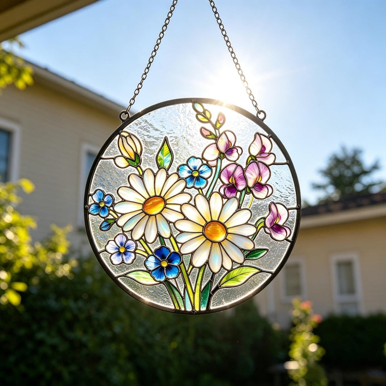 Handgemachter Gänseblümchen Glasmalerei Suncatcher, irisierender Blumen Fensterbehang