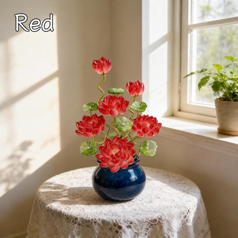 Blaue Lotusstil Glasblume mit Topf, Kunstglas Blumenskulptur, 20 cm Hoch