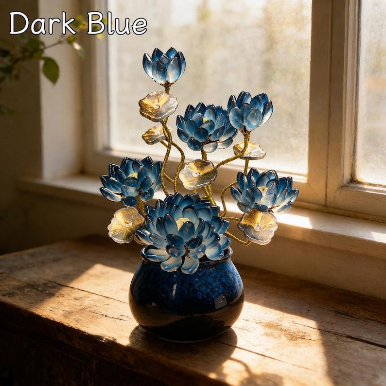 Blaue Lotusstil Glasblume mit Topf, Kunstglas Blumenskulptur, 20 cm Hoch