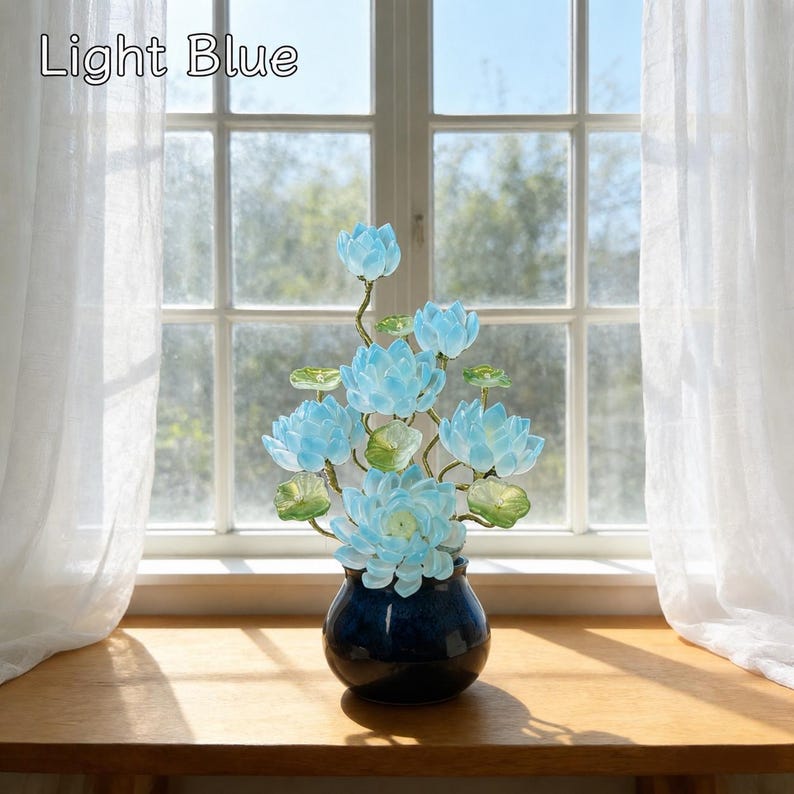 Blaue Lotusstil Glasblume mit Topf, Kunstglas Blumenskulptur, 20 cm Hoch