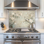 Neutrale Blumenvögel Glas Backsplash, hitzebeständige Küchenwandplatte