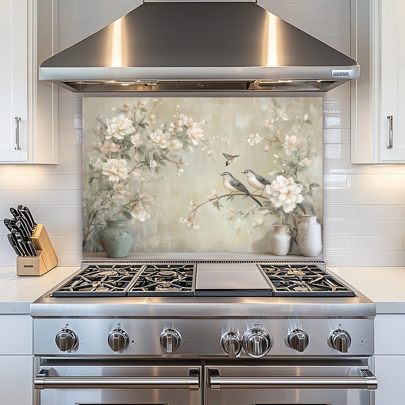 Neutrale Blumenvögel Glas Backsplash, hitzebeständige Küchenwandplatte