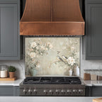 Neutrale Blumenvögel Glas Backsplash, hitzebeständige Küchenwandplatte