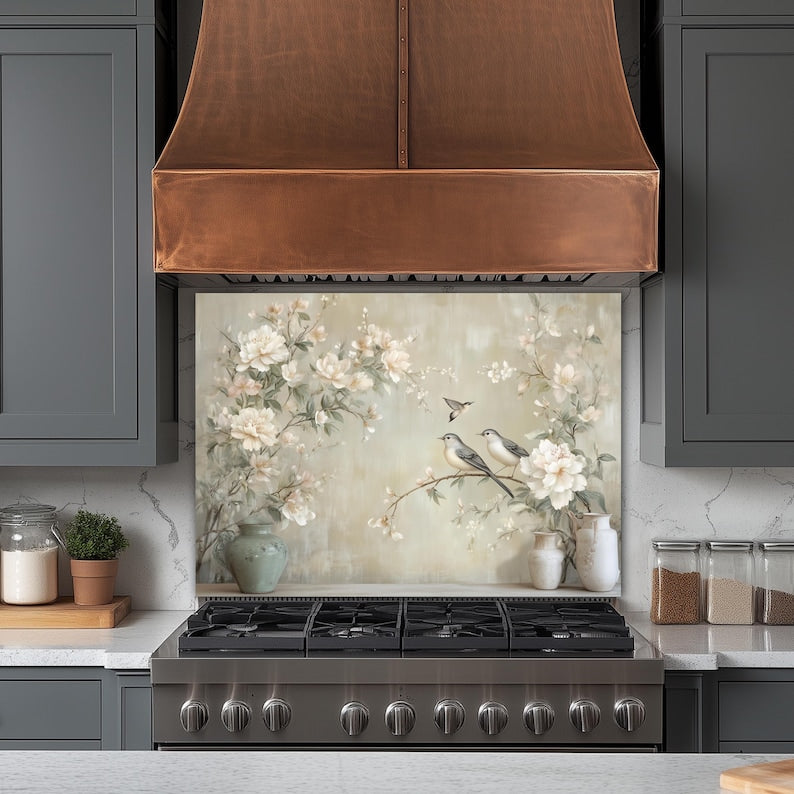 Neutrale Blumenvögel Glas Backsplash, hitzebeständige Küchenwandplatte