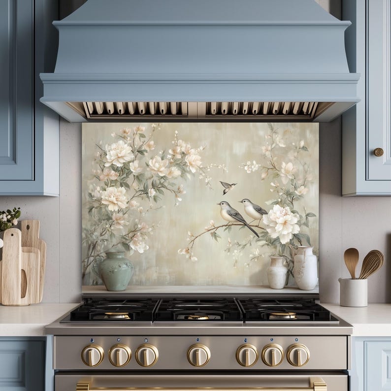 Neutrale Blumenvögel Glas Backsplash, hitzebeständige Küchenwandplatte