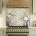 Neutrale Blumenvögel Glas Backsplash, hitzebeständige Küchenwandplatte