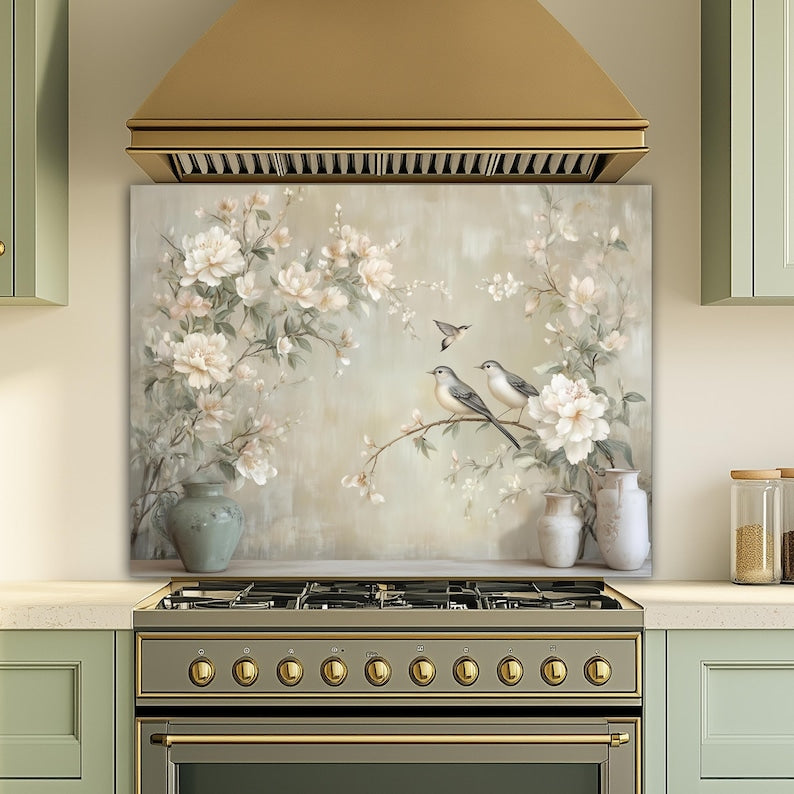 Neutrale Blumenvögel Glas Backsplash, hitzebeständige Küchenwandplatte