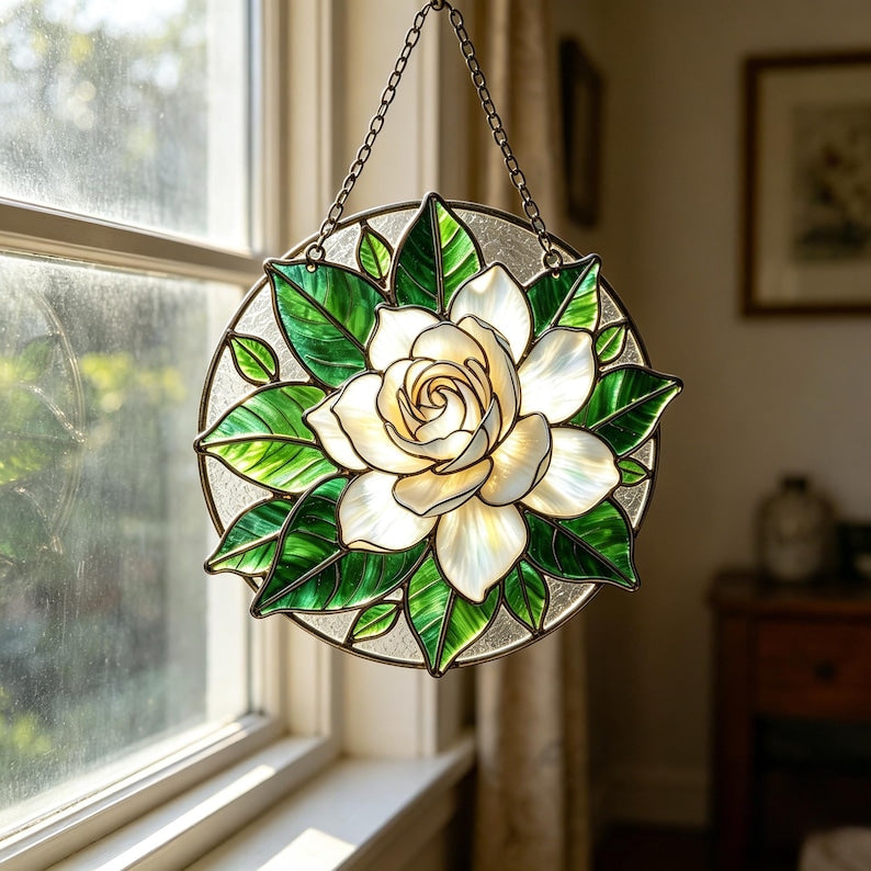 Gartenia Glasmalerei Suncatcher Fensterbild Irisierend Blumen Cottagecore Deko