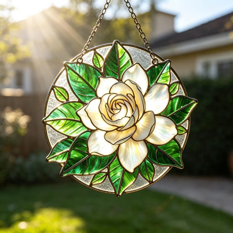 Gartenia Glasmalerei Suncatcher Fensterbild Irisierend Blumen Cottagecore Deko