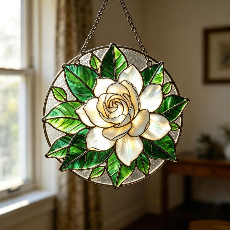 Gartenia Glasmalerei Suncatcher Fensterbild Irisierend Blumen Cottagecore Deko