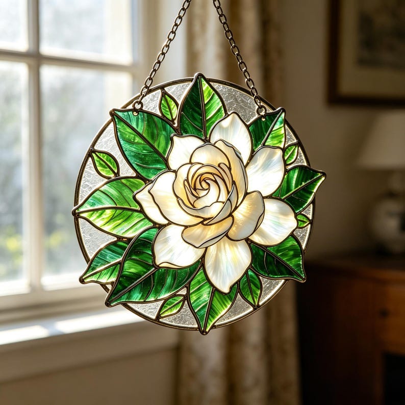 Gartenia Glasmalerei Suncatcher Fensterbild Irisierend Blumen Cottagecore Deko