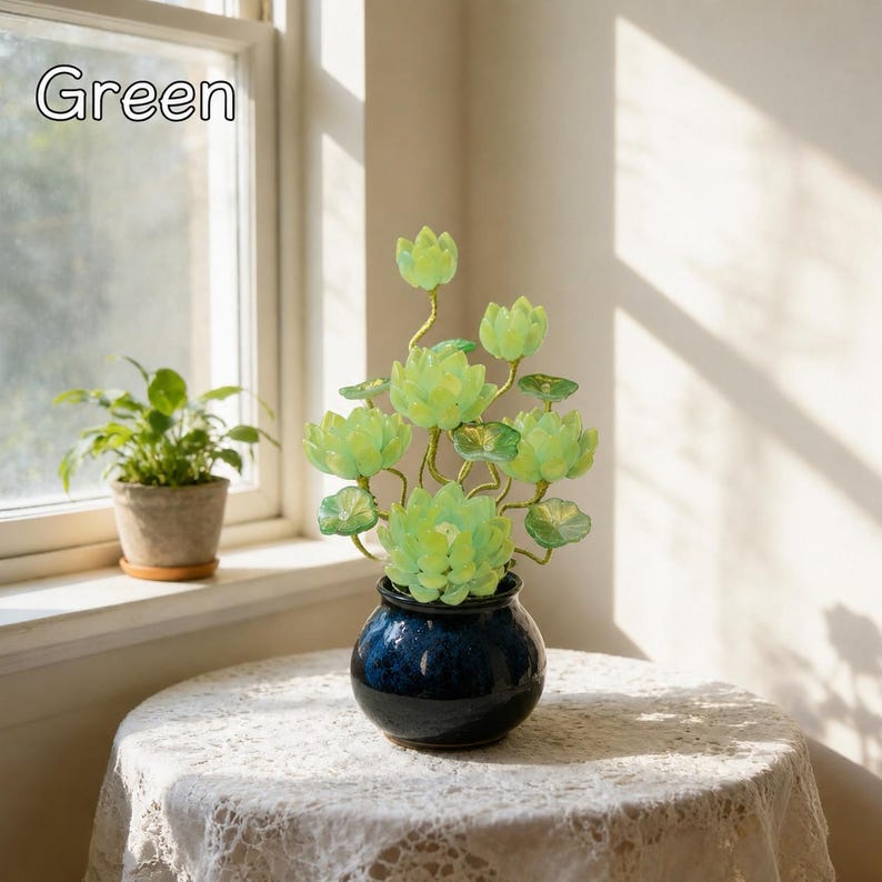 Blaue Lotusstil Glasblume mit Topf, Kunstglas Blumenskulptur, 20 cm Hoch