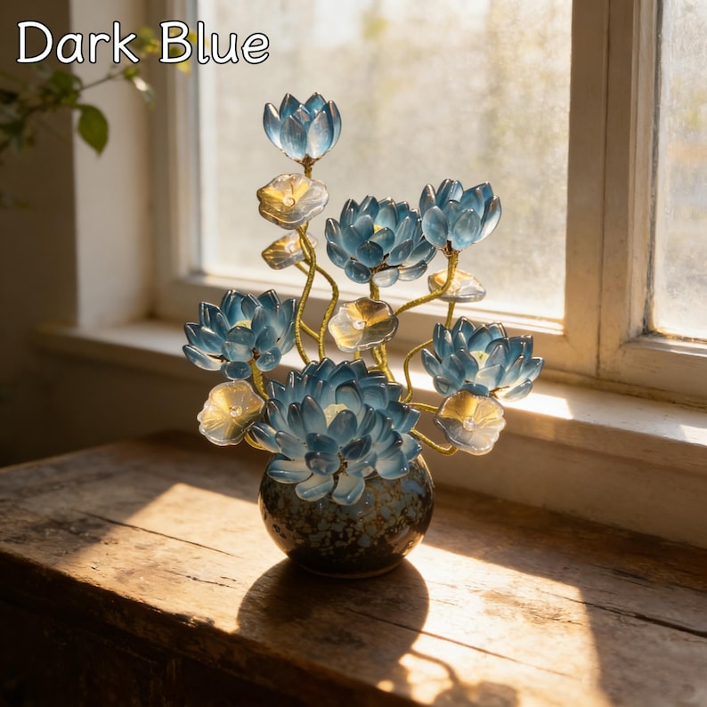 Blaue Lotusstil Glasblume mit Topf, Kunstglas Blumenskulptur, 20 cm Hoch