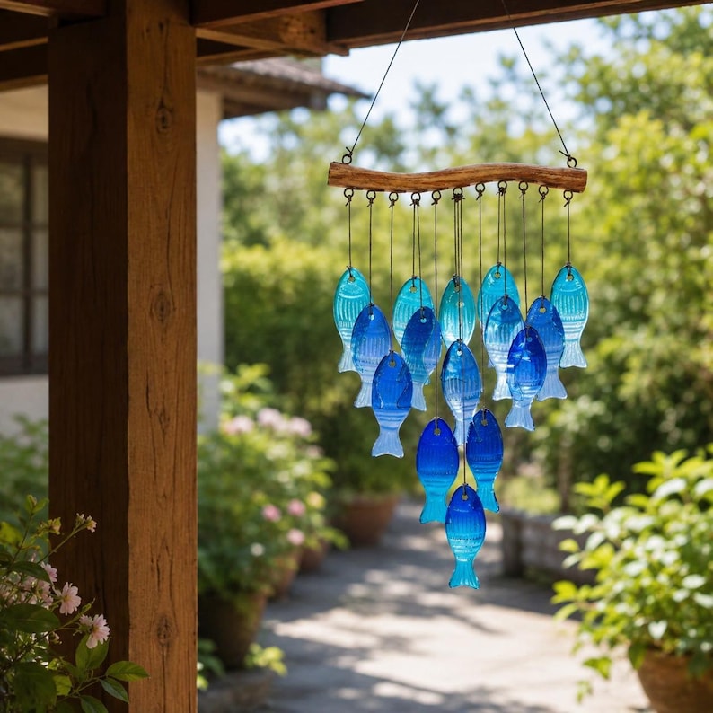 Handgefertigtes blaues Glasfisch-Windspiel, Garten- und Terrassen-Dekoration