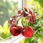 Kirschblüte Acryl Suncatcher Fensterschmuck mit roten Früchten, 3 mm, mit Kette und Saugnapf