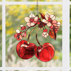 Kirschblüte Acryl Suncatcher Fensterschmuck mit roten Früchten, 3 mm, mit Kette und Saugnapf