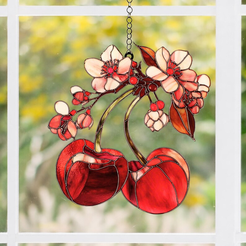 Kirschblüte Acryl Suncatcher Fensterschmuck mit roten Früchten, 3 mm, mit Kette und Saugnapf