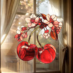 Kirschblüte Acryl Suncatcher Fensterschmuck mit roten Früchten, 3 mm, mit Kette und Saugnapf
