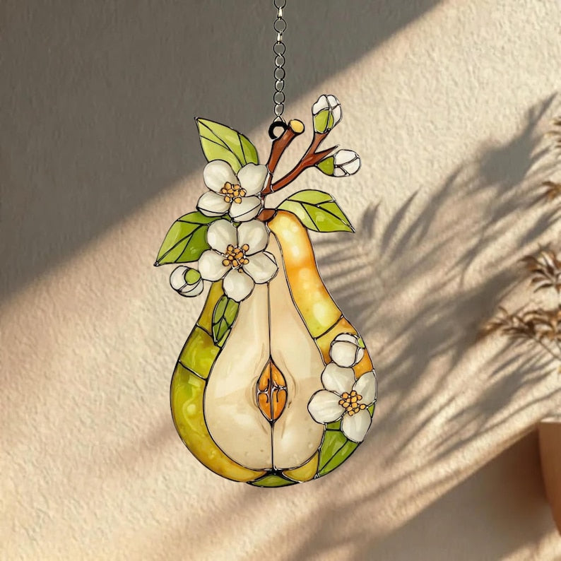 Birnenblüte Acryl Suncatcher Fensterschmuck, Obstscheibe mit Hängekette und Saugnapf