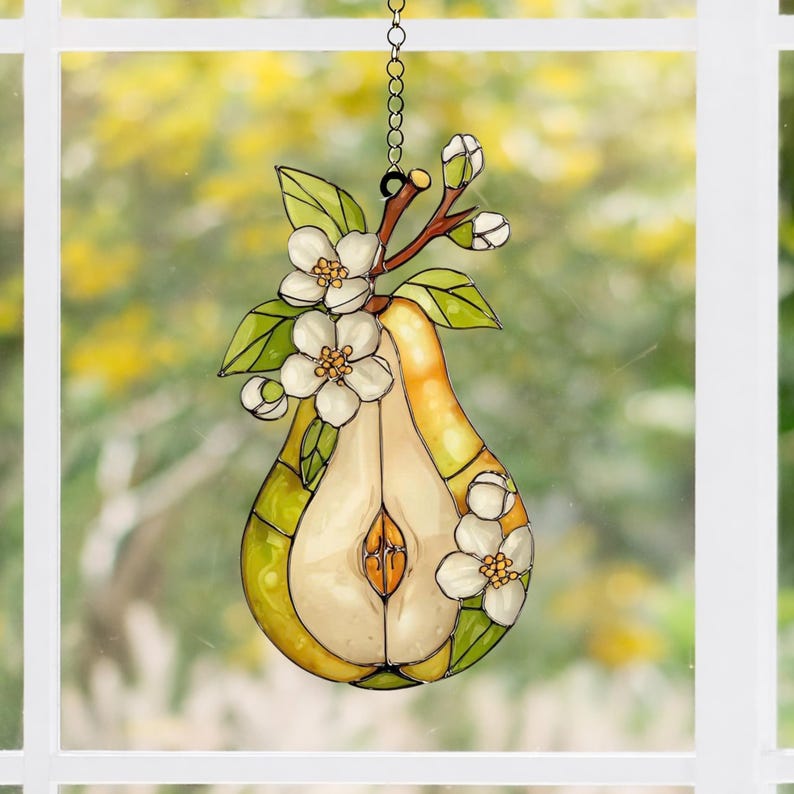 Birnenblüte Acryl Suncatcher Fensterschmuck, Obstscheibe mit Hängekette und Saugnapf