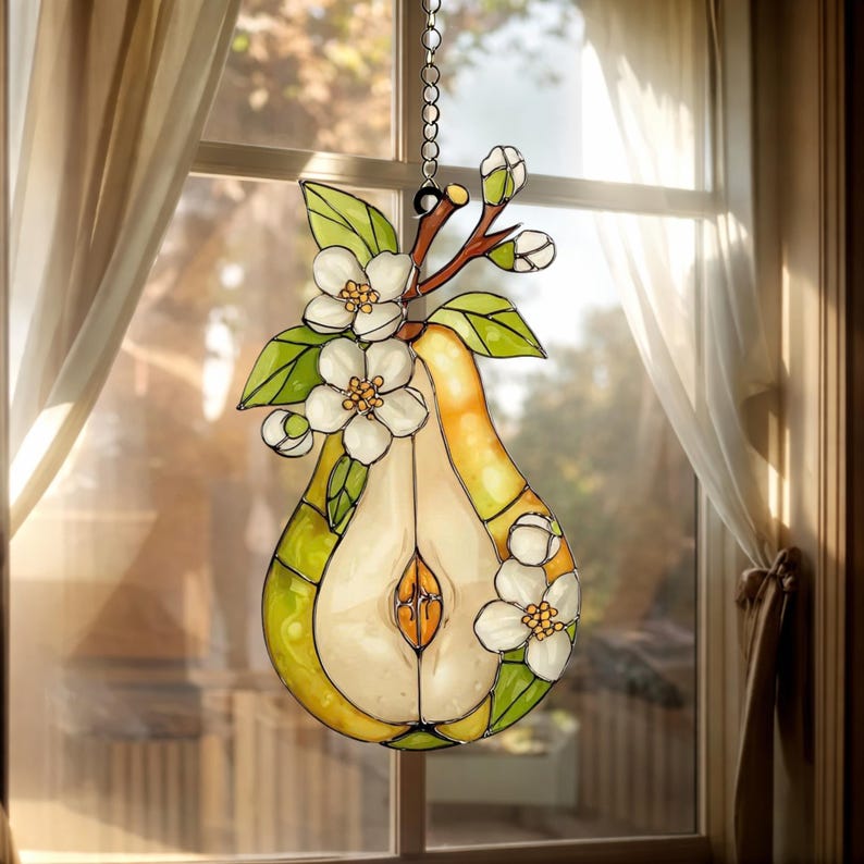Birnenblüte Acryl Suncatcher Fensterschmuck, Obstscheibe mit Hängekette und Saugnapf