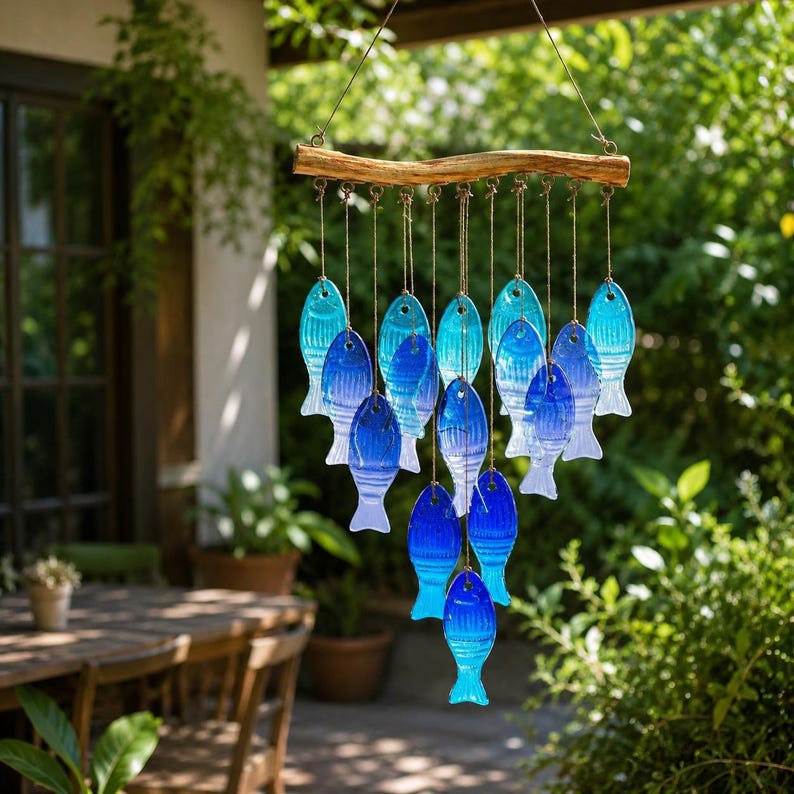 Handgefertigtes blaues Glasfisch-Windspiel, Garten- und Terrassen-Dekoration