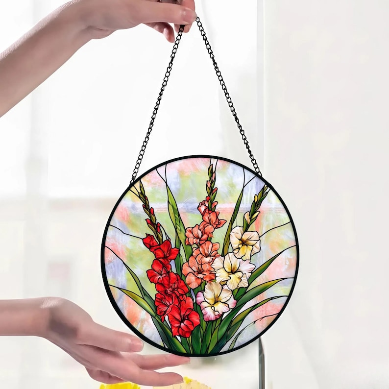 Gladiolen-Buntglas-Sonnenfänger, Blumenfensterbehang, Sommergarten-Dekor, Glasmetall