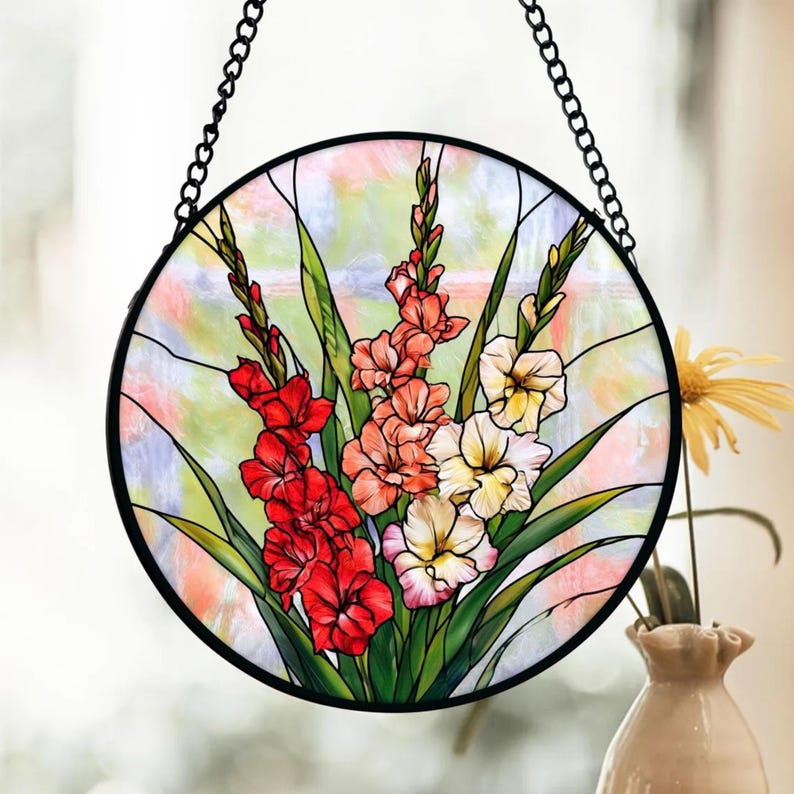 Gladiolen-Buntglas-Sonnenfänger, Blumenfensterbehang, Sommergarten-Dekor, Glasmetall