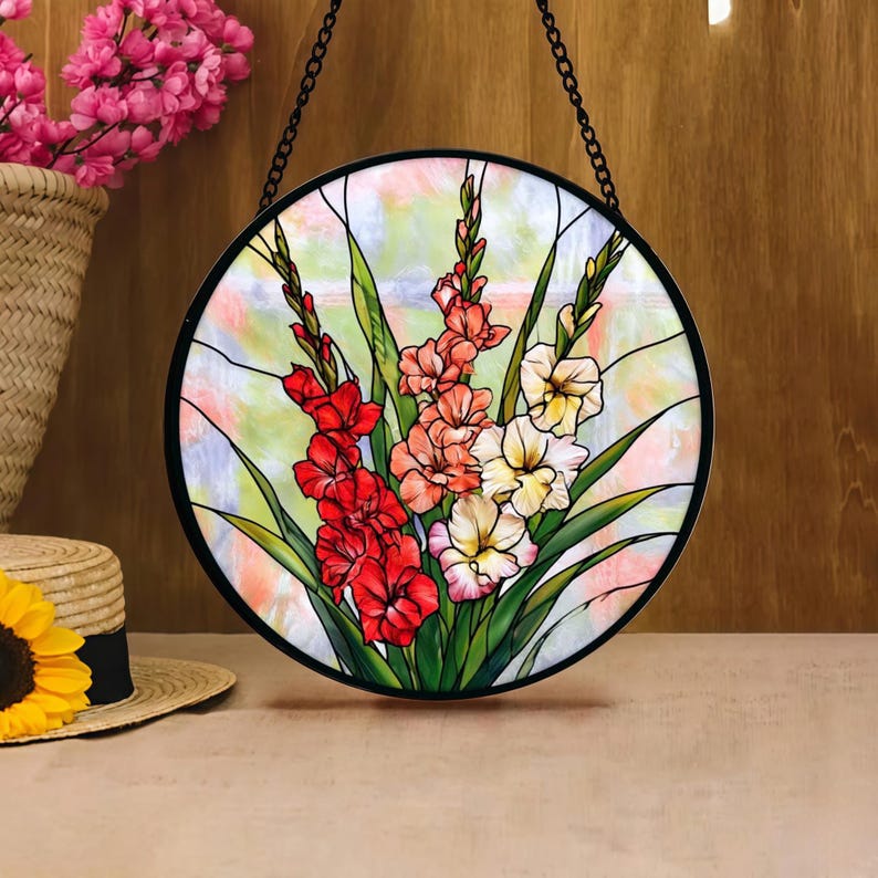 Gladiolen-Buntglas-Sonnenfänger, Blumenfensterbehang, Sommergarten-Dekor, Glasmetall