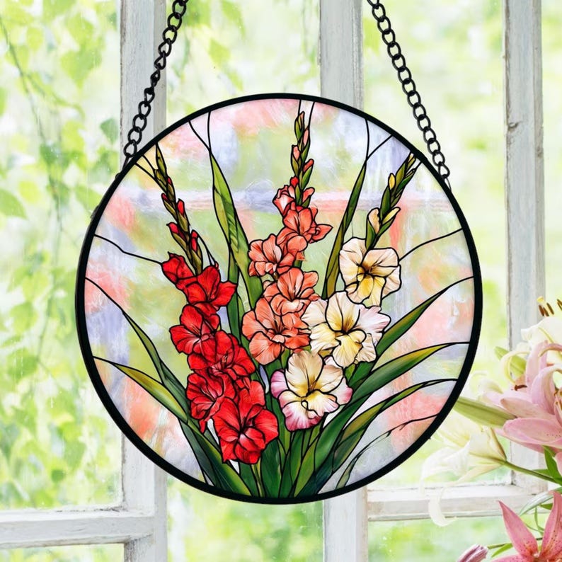 Gladiolen-Buntglas-Sonnenfänger, Blumenfensterbehang, Sommergarten-Dekor, Glasmetall