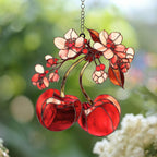 Kirschblüte Acryl Suncatcher Fensterschmuck mit roten Früchten, 3 mm, mit Kette und Saugnapf