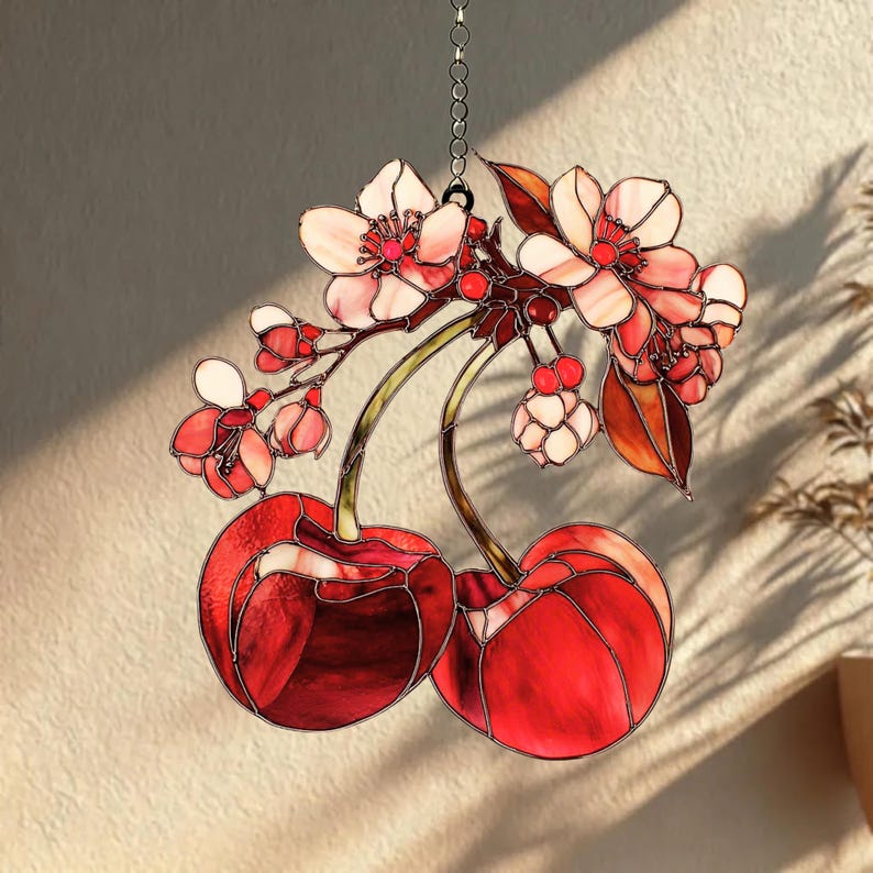 Kirschblüte Acryl Suncatcher Fensterschmuck mit roten Früchten, 3 mm, mit Kette und Saugnapf