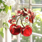 Kirschblüte Acryl Suncatcher Fensterschmuck mit roten Früchten, 3 mm, mit Kette und Saugnapf