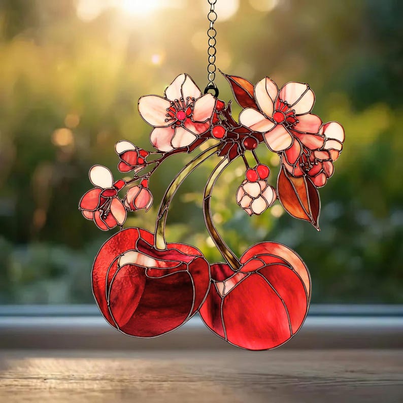 Kirschblüte Acryl Suncatcher Fensterschmuck mit roten Früchten, 3 mm, mit Kette und Saugnapf