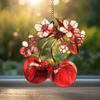 Kirschblüte Acryl Suncatcher Fensterschmuck mit roten Früchten, 3 mm, mit Kette und Saugnapf
