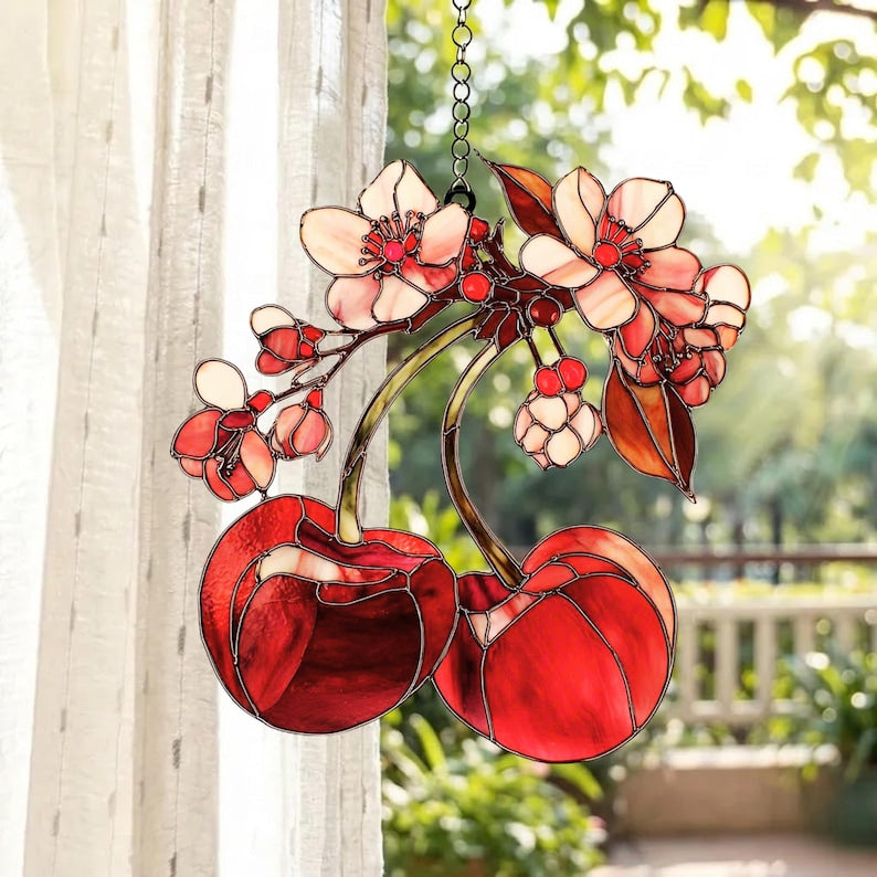 Kirschblüte Acryl Suncatcher Fensterschmuck mit roten Früchten, 3 mm, mit Kette und Saugnapf