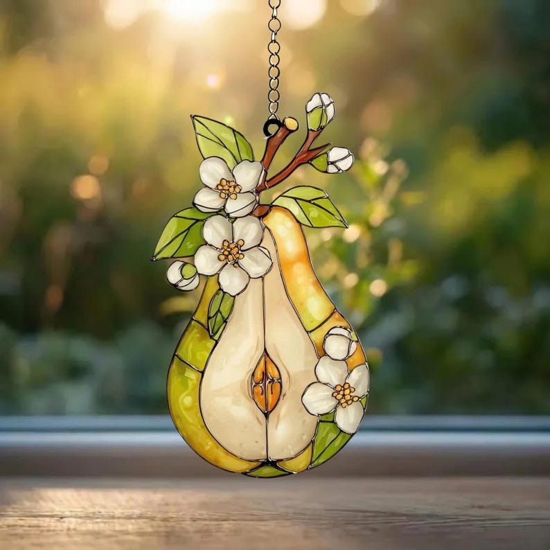 Birnenblüte Acryl Suncatcher Fensterschmuck, Obstscheibe mit Hängekette und Saugnapf