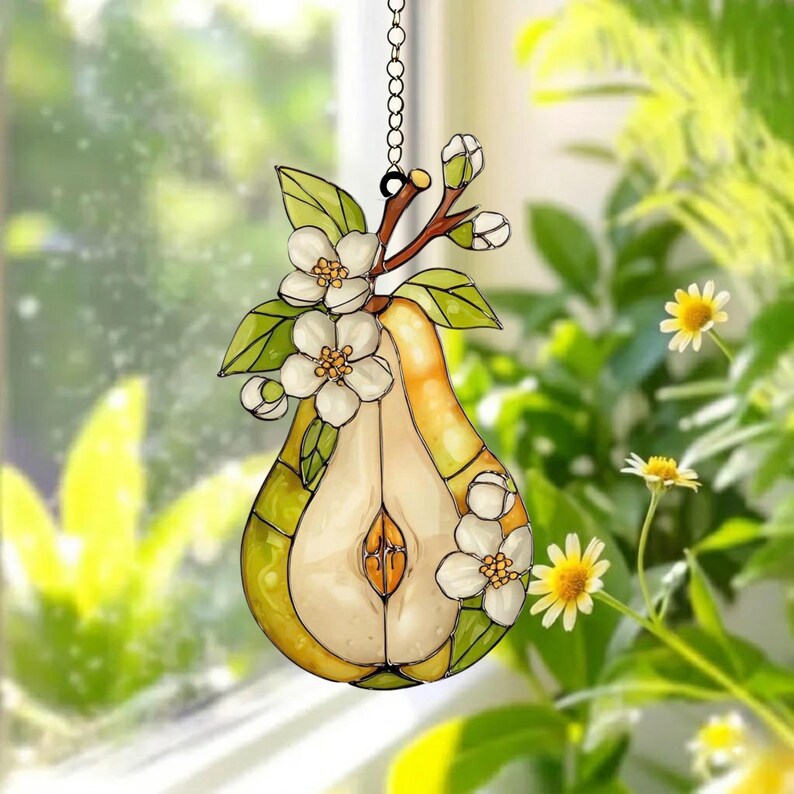 Birnenblüte Acryl Suncatcher Fensterschmuck, Obstscheibe mit Hängekette und Saugnapf