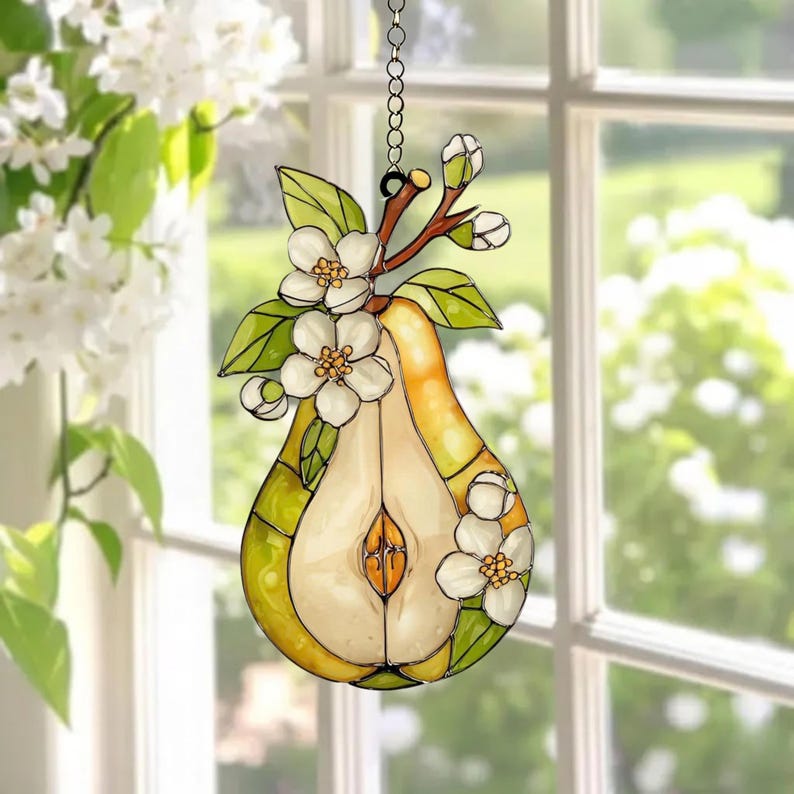Birnenblüte Acryl Suncatcher Fensterschmuck, Obstscheibe mit Hängekette und Saugnapf