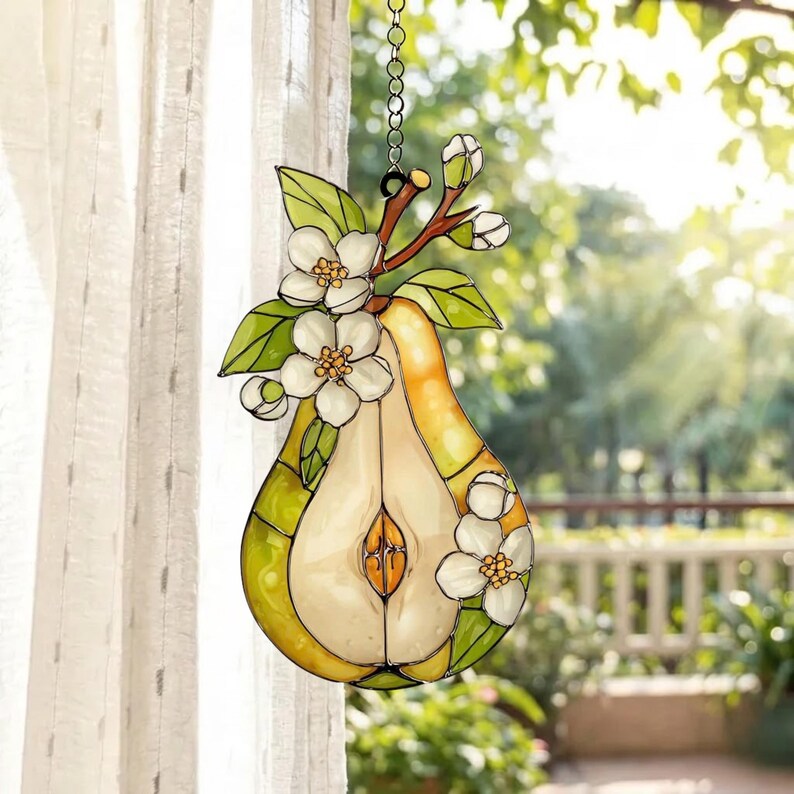 Birnenblüte Acryl Suncatcher Fensterschmuck, Obstscheibe mit Hängekette und Saugnapf