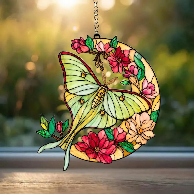 Acryl Suncatcher Luna Motte Mond Fensterschmuck, Floral Halbmond Deko