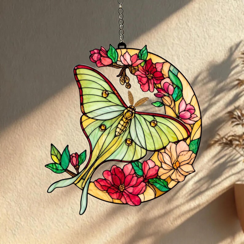 Acryl Suncatcher Luna Motte Mond Fensterschmuck, Floral Halbmond Deko