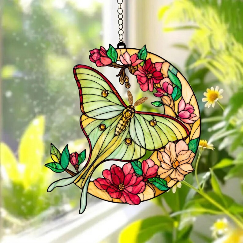 Acryl Suncatcher Luna Motte Mond Fensterschmuck, Floral Halbmond Deko