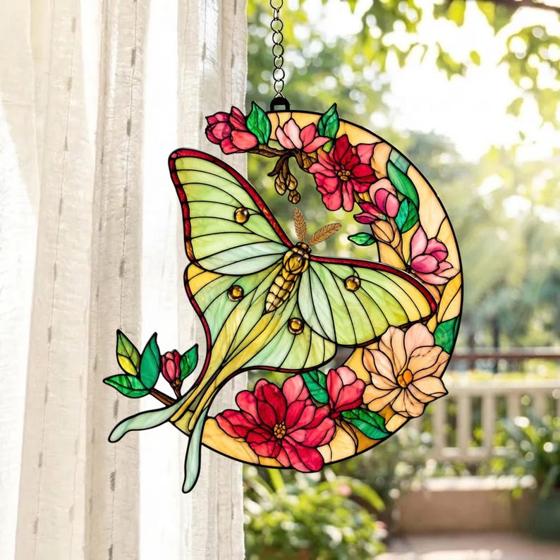 Acryl Suncatcher Luna Motte Mond Fensterschmuck, Floral Halbmond Deko