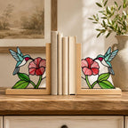 Glasmalerei Kolibri Buchstützen, Buchhalterset,  Holzsockel, 20 cm Höhe